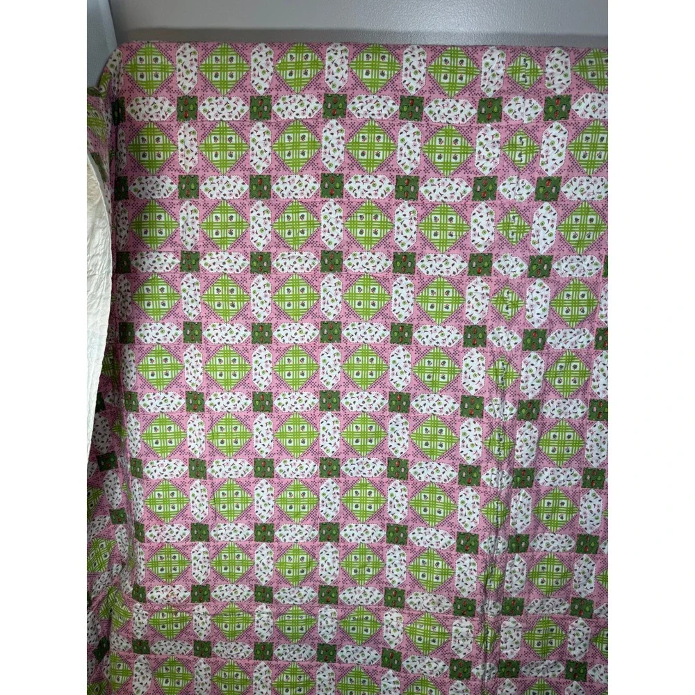 Vintage Handmade Patchwork Quilt Pink Green Floral Plaid Cottagecore Farmhouse